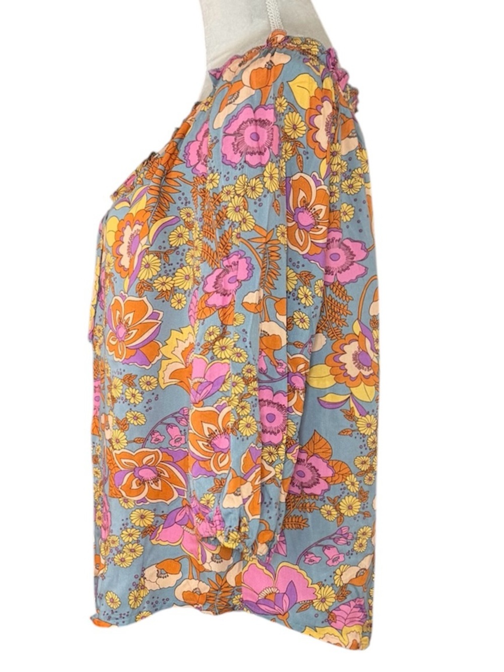 Retro Floral Peasant Blouse – Boho Tie Neck 3/4 Sleeve Size Unknown - Picture 2 of 4